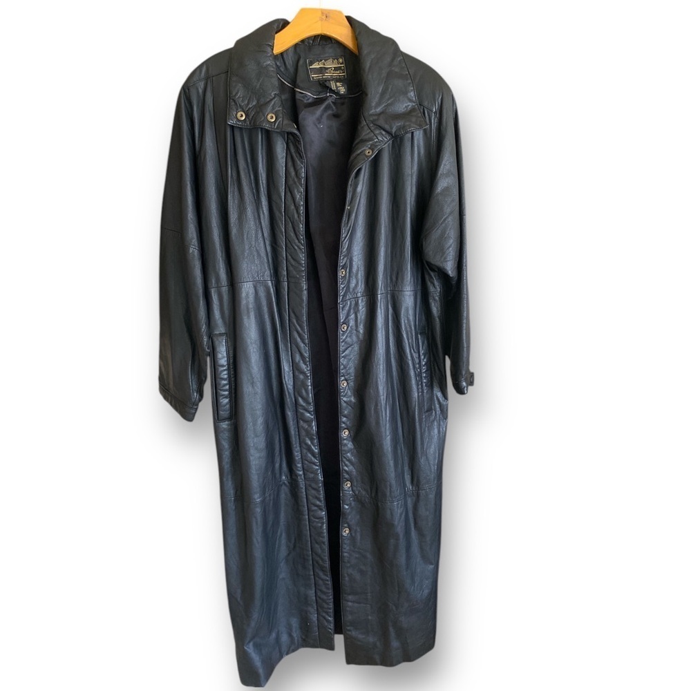 Vintage Eddie Bauer Long Black Leather Coat Medium Snap Front Closure Normcore